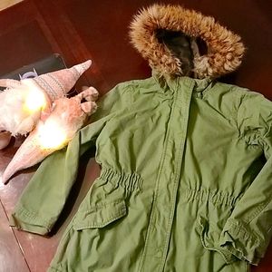 Girls Military Green Hooded Parka Coat Size L